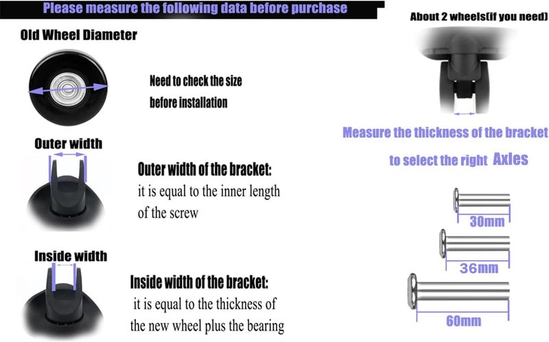 TOPGO 50mm x 18mm Luggage Suitcase Replacement Wheels, Rubber Swivel Caster Bearings Repair Kit - Set of 4 with 608ZZ Inline Skate Replacement Wheels & 3 Axles - Image 5